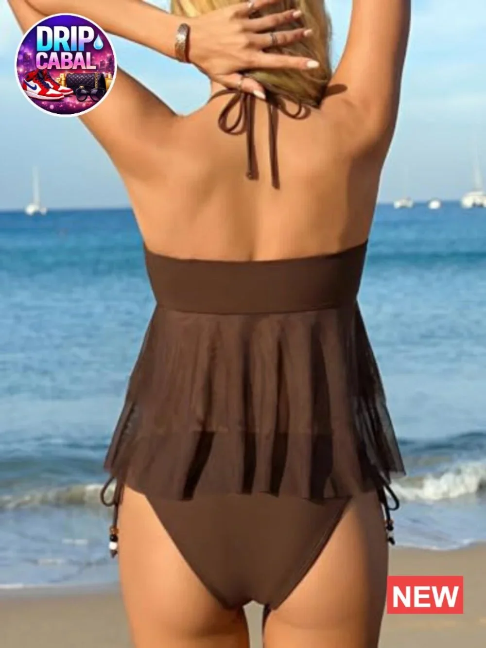 Flowy Mesh Halter V Neck Bandeau Swim Top & Cheeky Tie Side Thong 2 Piece